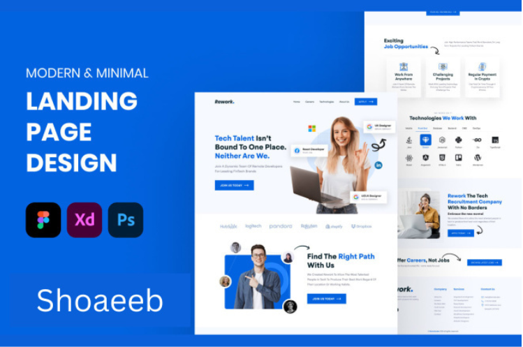 Modern minimal landing page design showcasing B2B web design layout with UI/UX elements, website sections, and design tools like Figma, XD, and Photoshop.